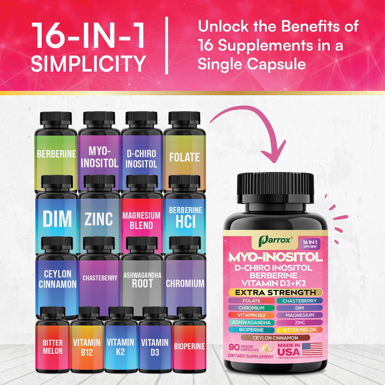 Parrox Myo-Inositol Supplement, Berberine, D-Chiro Inositol, Folate, Chromium, Vitamin D3, K2 & B12, DIM, Chasteberry, Ashwagandha, Ceylon Cinnamon, Zinc, Magnesium, Bioperine, Bitter Melon (2 Pack)