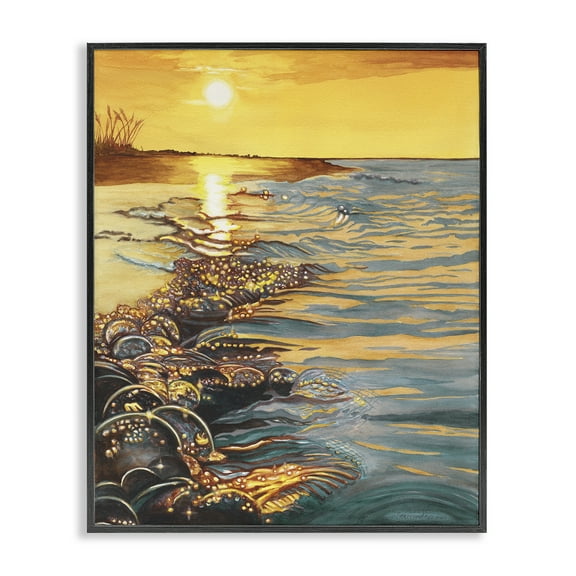 Stupell Industries Saltwater Beach Sunset Landscape Painting Black Framed Art Print Wall Art, 11 x 14