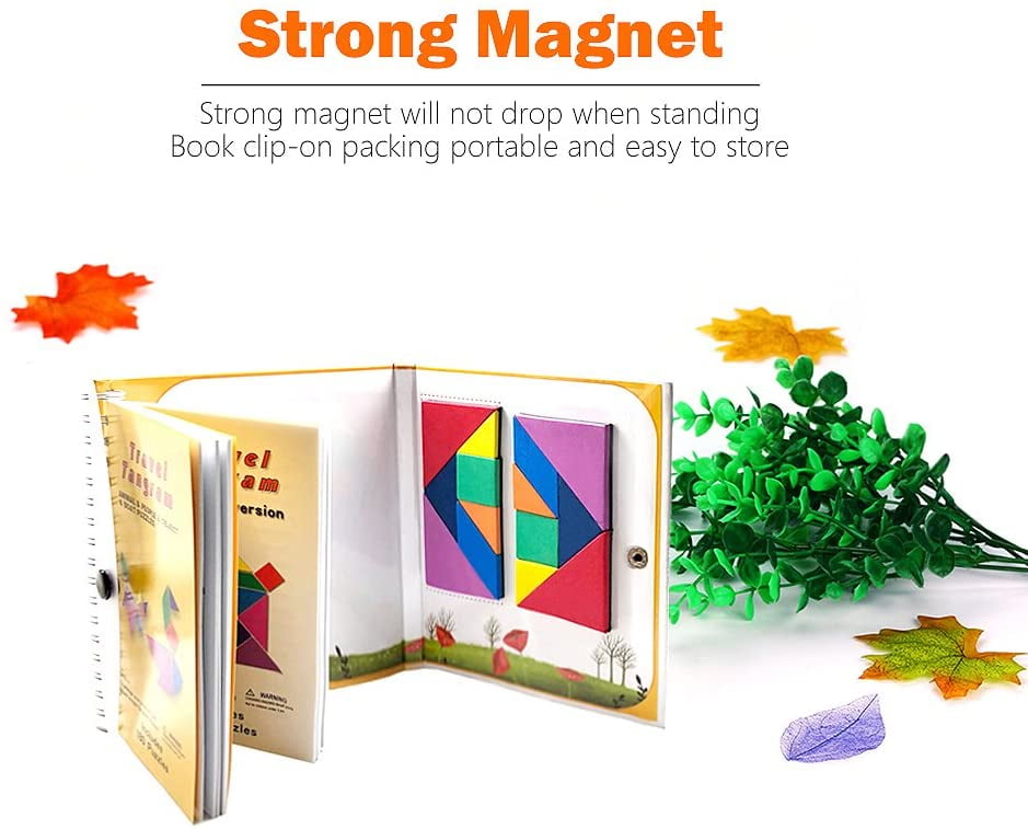 Tangram Game Travel Games 176 Magnetic Puzzle and Questions Build Animals People Objects with 7 Simple Magnetic Colorful Shapes Kid Adult Challenge IQ Educational Book【2 Set of Tangrams】 