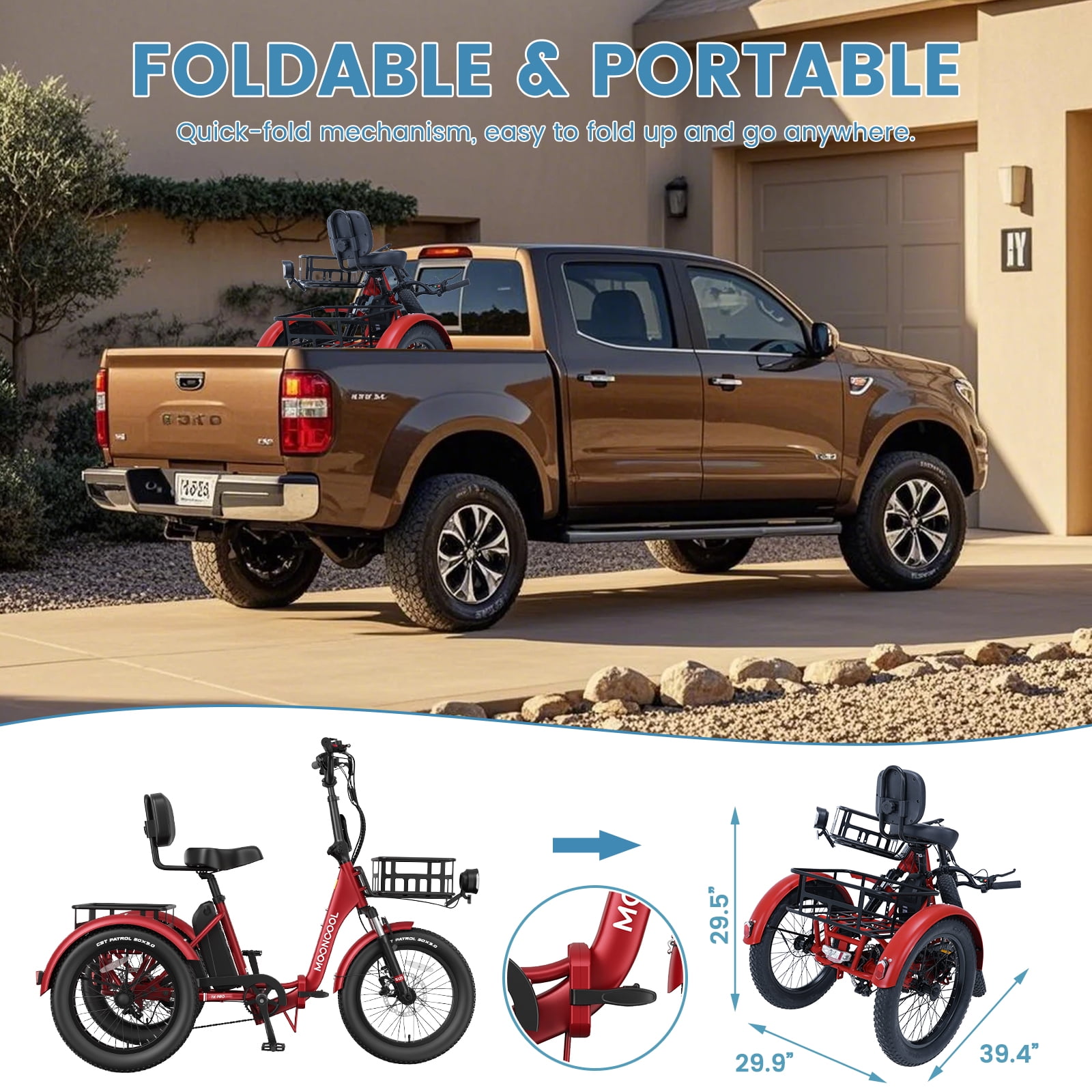 Lilypelle Electric Tricycle for Adults,Peak 1500W 48V Folding E-Mountain bike , 20" 6 Speed 3 Wheels Unisex Electric Bicycle with Front & Rear Basket, Removable 20AH Battery, LED light