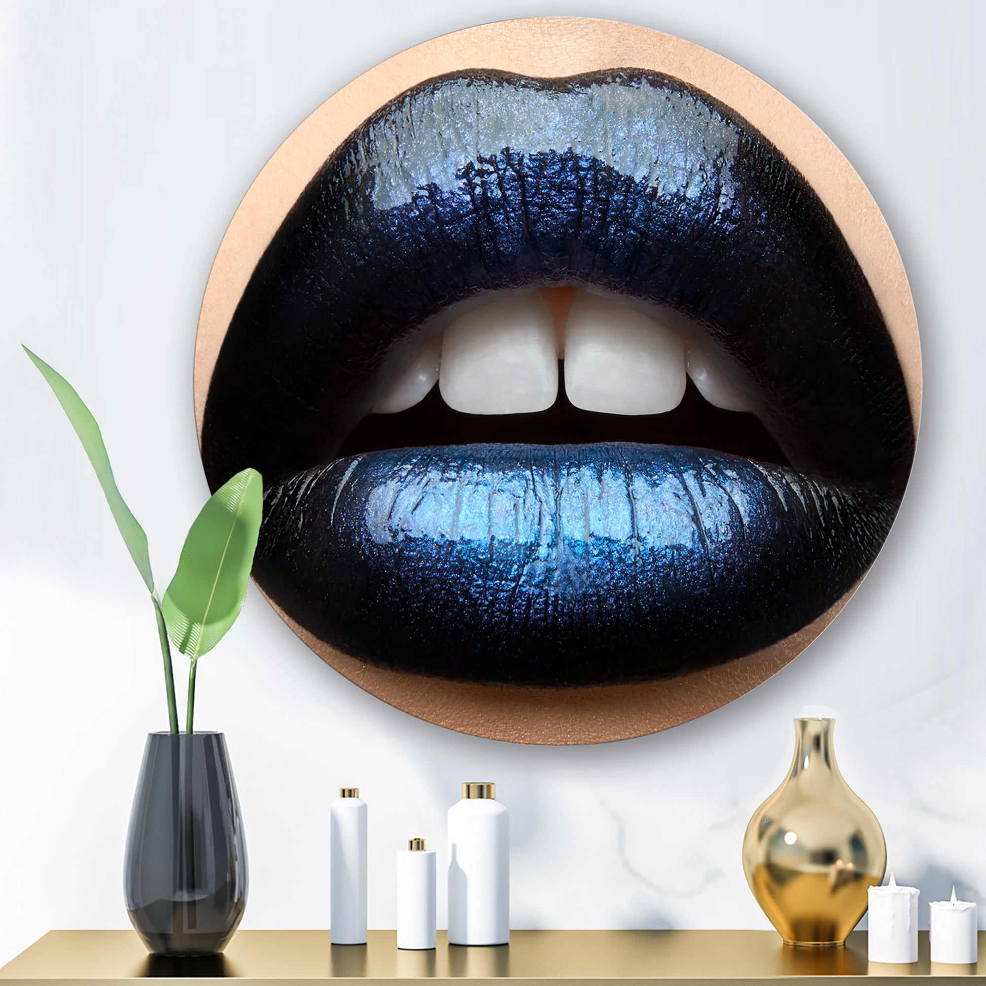 Designart 'Girl Lips With Black and Blue Lipstick' Modern Circle Metal Wall Art 23x23 - Disc of 23