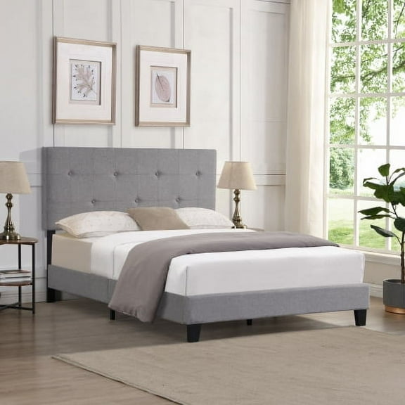 Harper & Bright Designs Full Size Upholstered Linen Platform Bed with Tufted Headboard and Strong Wood Slat Support for Bedroom, Gray