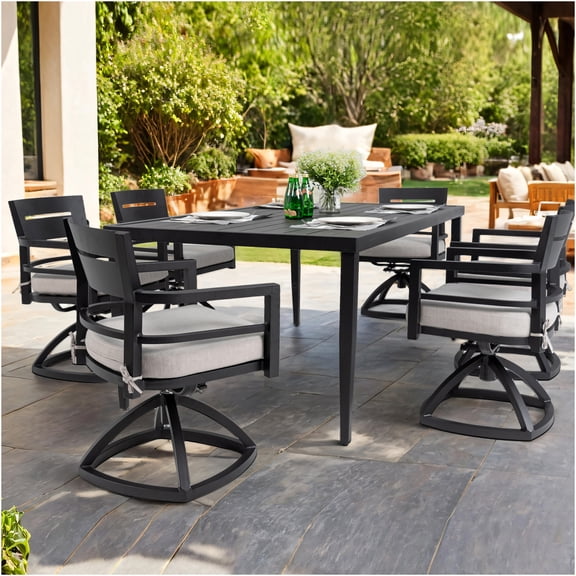 JERFIT 7-Piece Outdoor Patio Dining Set with Swivel Rocking Chairs, Modern Aluminum Table and Sunbrella Cushions for Garden, Poolside, Ember Black