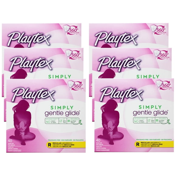 Playtex Simply Gentle Glide Tampons, Regular Absorbency, Fragrance-Free, 40 Ct - 6 Pack