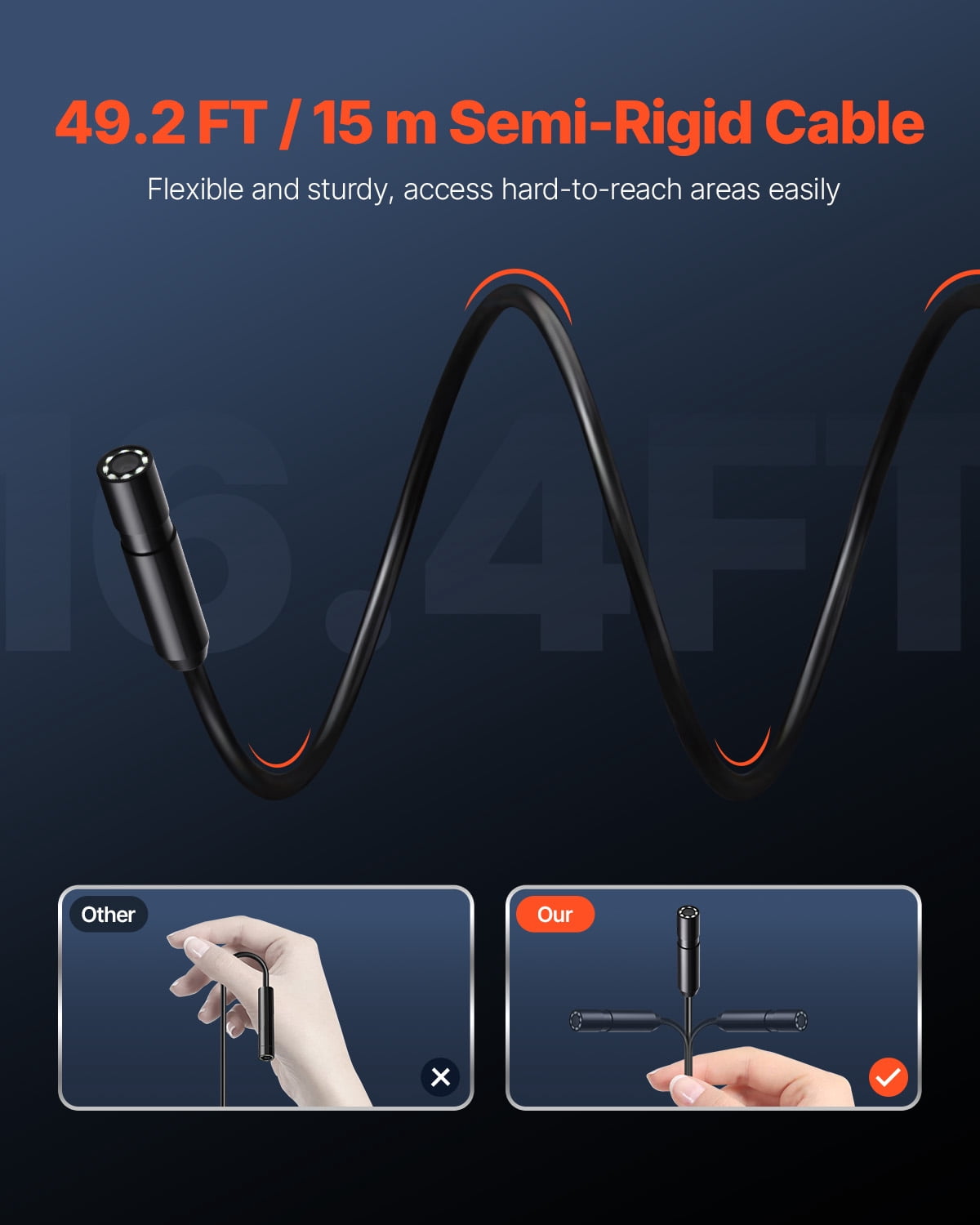 VEVOR Endoscope Camera with 49.2FT Semi-Rigid Cable, 1920P HD Borescope for Android & IOS, Industrial Inspection Camera with Light - 8 LED, 2X Zoom, IP67 Waterproof Snake Camera for Auto, Plumbing