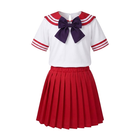 Juorvia Back to School Outfits for Girls 3pc Sailor Collar T-Shirts Pleated Mini Skirt Set with Bow Matching(11-12 Years,Red)