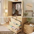thumbnail image 6 of GarveeHome Armoire Wardrobe Closet, 69.5" Tall Wooden Wardrobe Cabinet with Rattan Doors, 2 Doors & 3 Drawers, Hanging Rod Clothing Storage for Bedroom, Entryway, Modular Design, Natural, 6 of 8