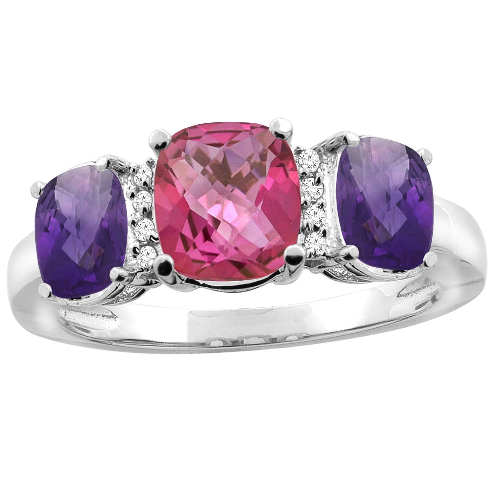 10K White Gold Natural Pink Topaz & Amethyst 3-stone Ring Cushion 8x6mm Diamond Accent, sizes 5 10 by WorldJewels