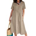thumbnail image 1 of LUXUR Robe Longue Femme Manches Courtes Maxi Robes Col en V Été Plage Robe d'Été Aguichant Couleur Unie Kaki P, 1 of 3