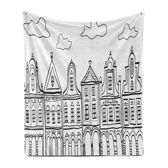 Amsterdam Soft Flannel Fleece Blanket, Doodle Monochrome Illustration of Old Composition Village Houses Holland, Cozy Plush for Indoor and Outdoor Use, 60" x 80", White Charcoal Grey, by Ambesonne