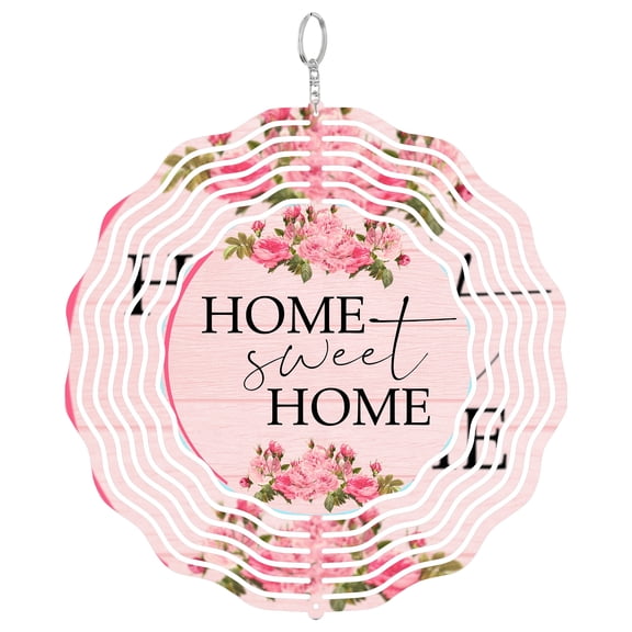 Home Sweet Home Pink 3D Wind Spinner Kinetic Yard Art Stainless Steel New Homeowner Gift Round