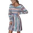 thumbnail image 1 of Vestido de manga larga con cuello redondo, estampado de rayas, hasta la rodilla, vestido informal de línea A para otoño, color caqui S, 1 of 7