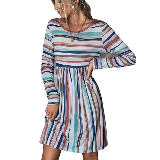 Vestido de manga larga con cuello redondo, estampado de rayas, hasta la rodilla, vestido informal de línea A para otoño, color caqui S