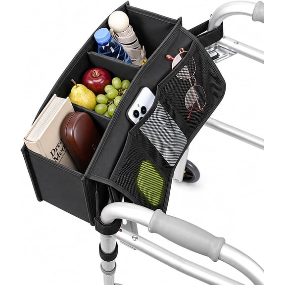 Walker Storage Bag, Universal Mobility Aid Accessory Organizer with Large Capacity & Rear Pockets