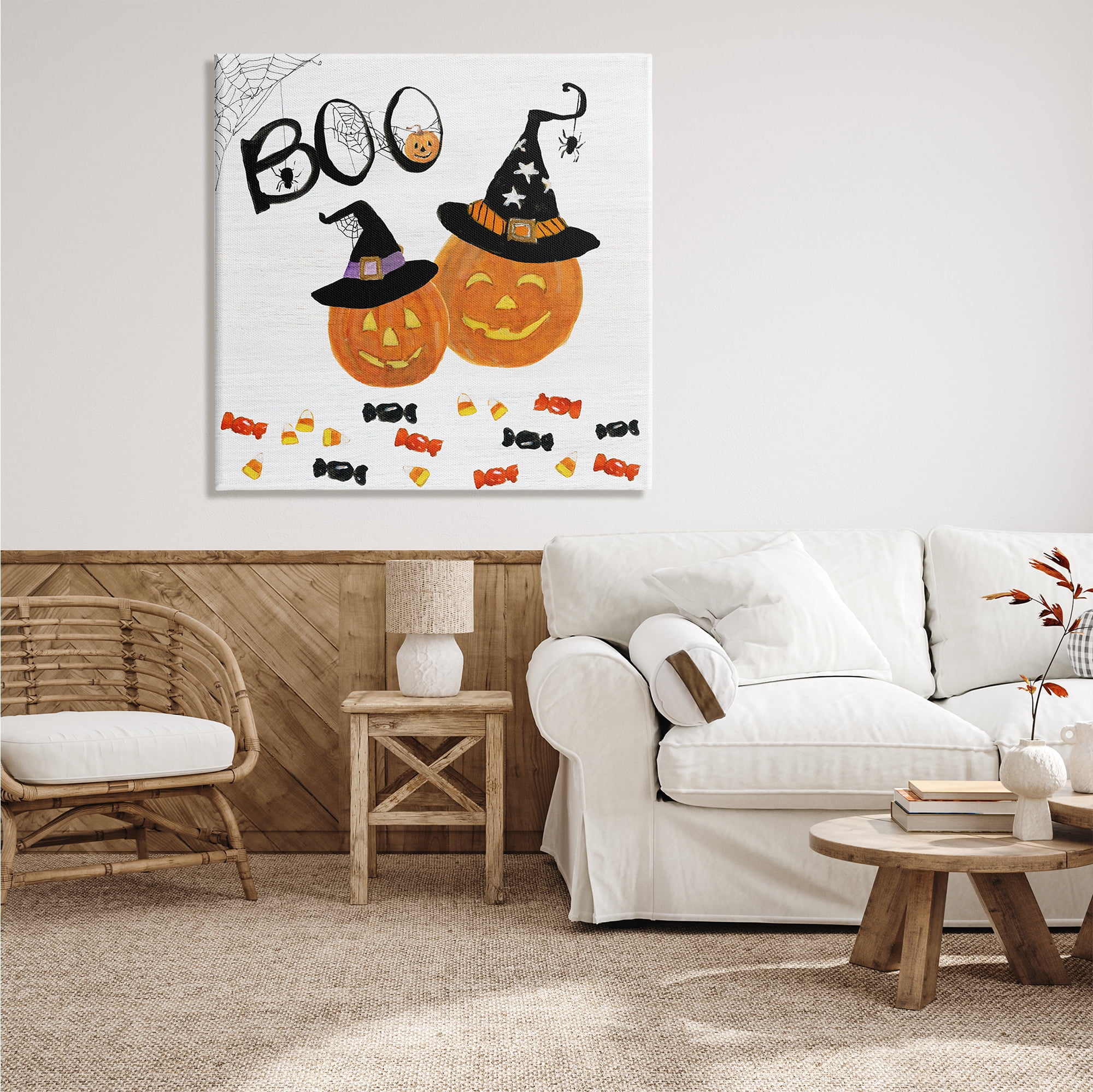 Stupell Indtries Boo Phrase with Orange Pumpkins Witch Hats,36 x 36,Design by Sally Swatland
