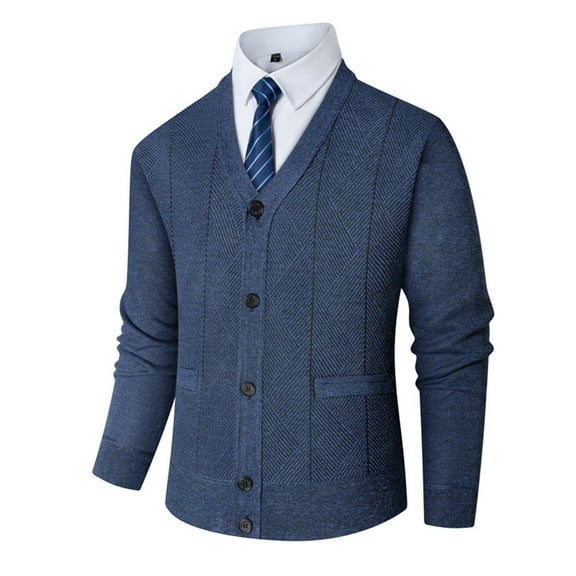 ZCFZJW Mens Fashion Button Down Sweaters Lightweight Casual Slim Fit Basic V Neck Cable Knit Long Sleeve Work Business Jackets with Pockets Blue XXL