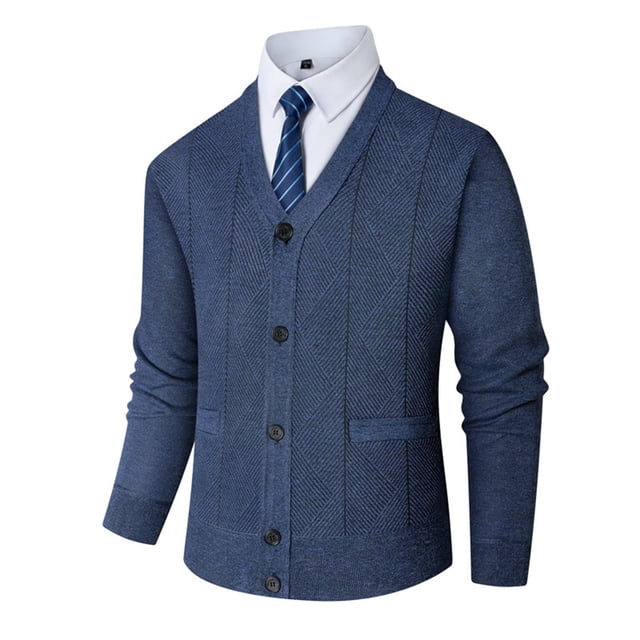 Lovzfmll Men's Knit Cardigan V-Neck Button Up Pockets Fleece Lined Stretch Blue, L