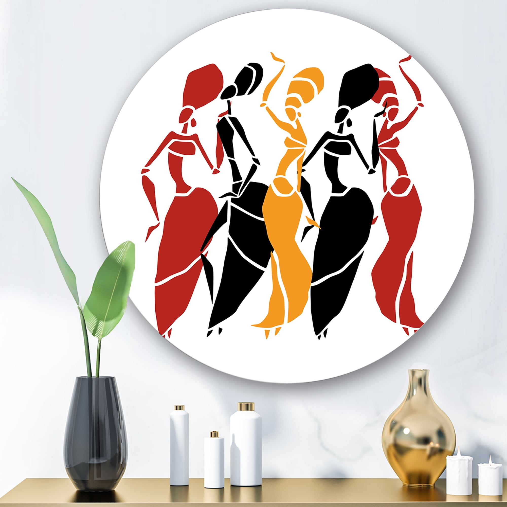 Designart 'Beautiful Red Black and Yellow Dancers Afro American Silhouettes' Modern Circle Metal Wall Art 23x23 - Disc of 23