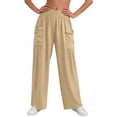 thumbnail image 5 of Women's Smocked Waist Pants Fashion Casual Solid Color Pants Pocket Elastic Waist Comfortable Fold Long Pants, 5 of 7