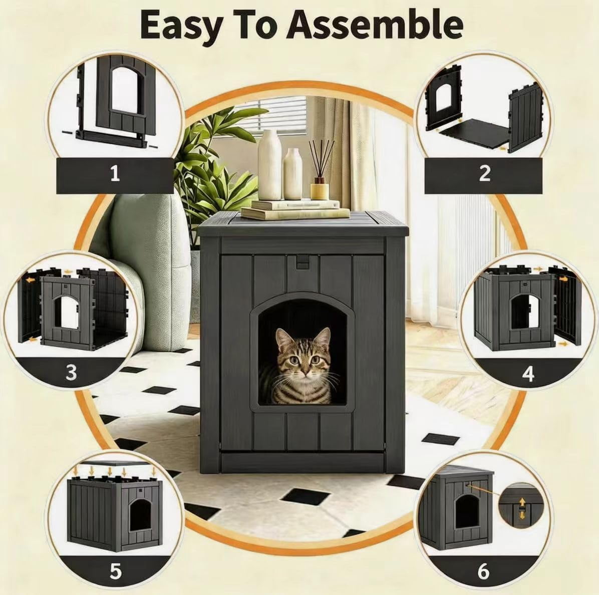 Outdoor Cat House Weatherproof - Premium Resin Cat Shelter for Outdoor/Indoor Cats, Spacious Feral Cat House with Easy Assembly, Stylish Design for Garden, Patio & Backyard，Black