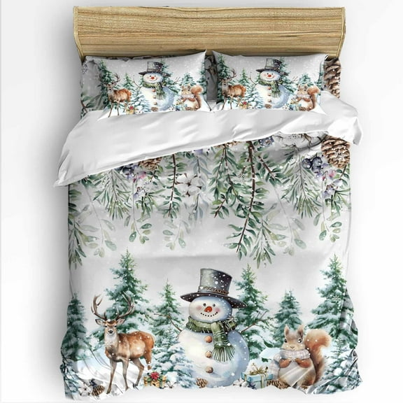Winter Christmas Queen Size Comforter Set, Snowman Squirrel Christmas Tree Berry Soft Bedding for All Seasons, 4 Pcs Bed Set with 1Comforter (90"x92") ,1 Sheet(94"x116"), 2 Pillowcases (19"x29")