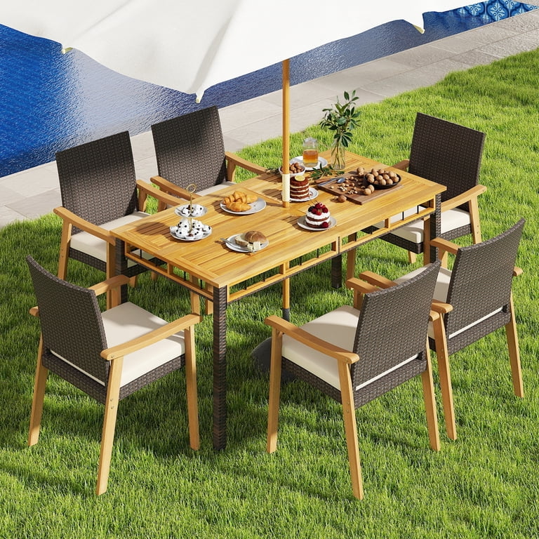 Gymax Patio Dining Chair 4 PCS w/Cushion Wood Armrests Metal Frame