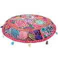thumbnail image 2 of Stylo Culture Indian Yoga Pillows For Sitting On Floor Vintage Patchwork Round Pouf Cover Pink 22x22 Large Pillows Decorative Decor Seating Tuffet Seat Pouf Cover Footstool Cotton Embroidered 1 Pc, 2 of 4