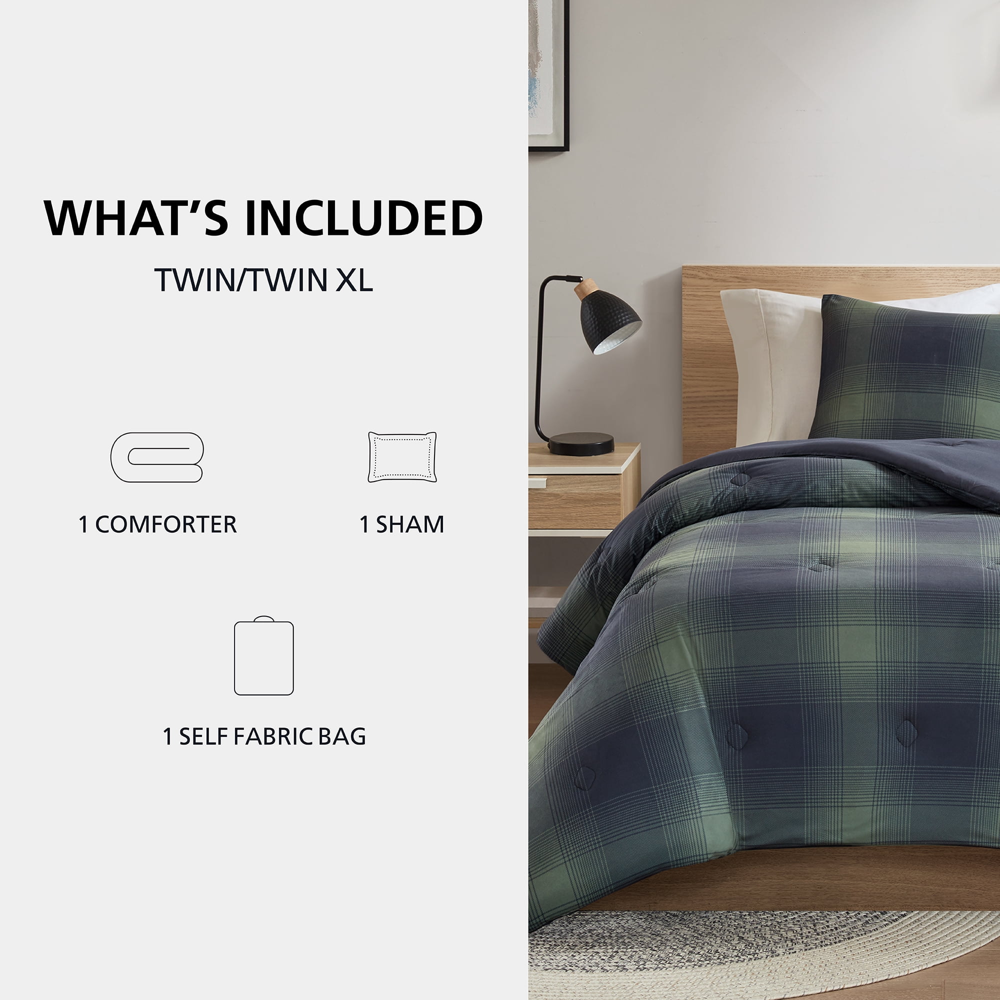 Mainstays Shadow Plaid 2-Piece Green Comforter Set, Twin/Twin XL