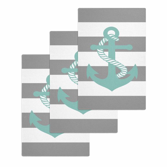 Nautical Anchor Kitchen Dish Towels for Drying Dishes Set of 3, Turquoise Grey White Horizontal Stripe Waffle Weave Microfiber Hand Tea Bathroom Towels Quick Dry & Absorbent Towel 15.7x23.6