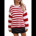 thumbnail image 2 of Suéter de Rayas para Mujer, Jersey de Cuello Redondo, Tejido de Punto Acanalado de Larga, Moderno, Informal, Suave. Rojo S, 2 of 10