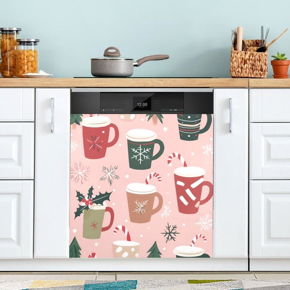 Yayeee Magnetic Dishwasher Cover for The Front Decoration Home Kitchen Machine Sticker Protector, Brown Christmas Cups