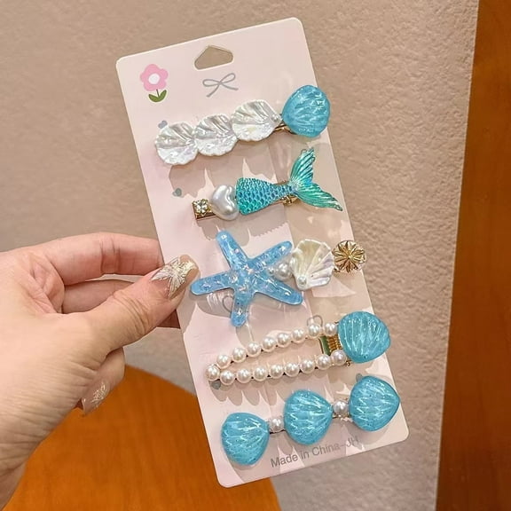 Crusward 5 Pcs Mermaid Hair Clip Set, Shiny Shells Pearl Head Pieces Princess Hair Accessories for Toddler Little Girl Birthday Party Gifts
