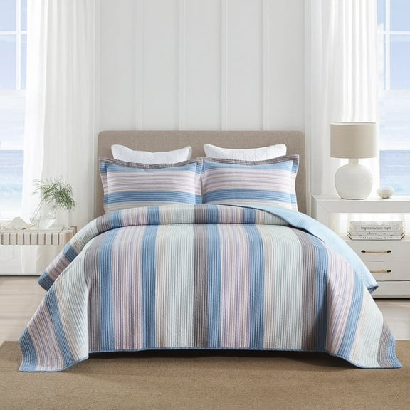 3 Piece Blue 100% Cotton Striped Quilt Set Lightweight Bedspread Set CP323