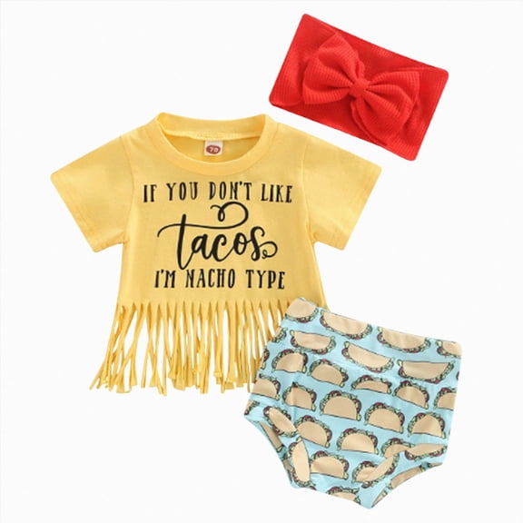 Xyant Toddler Baby Girl Summer Clothes If You Dont Like Tacos Im Nacho Type Romper Shorts Headband Set Infant Outfits (Yellow,6-12 Months)