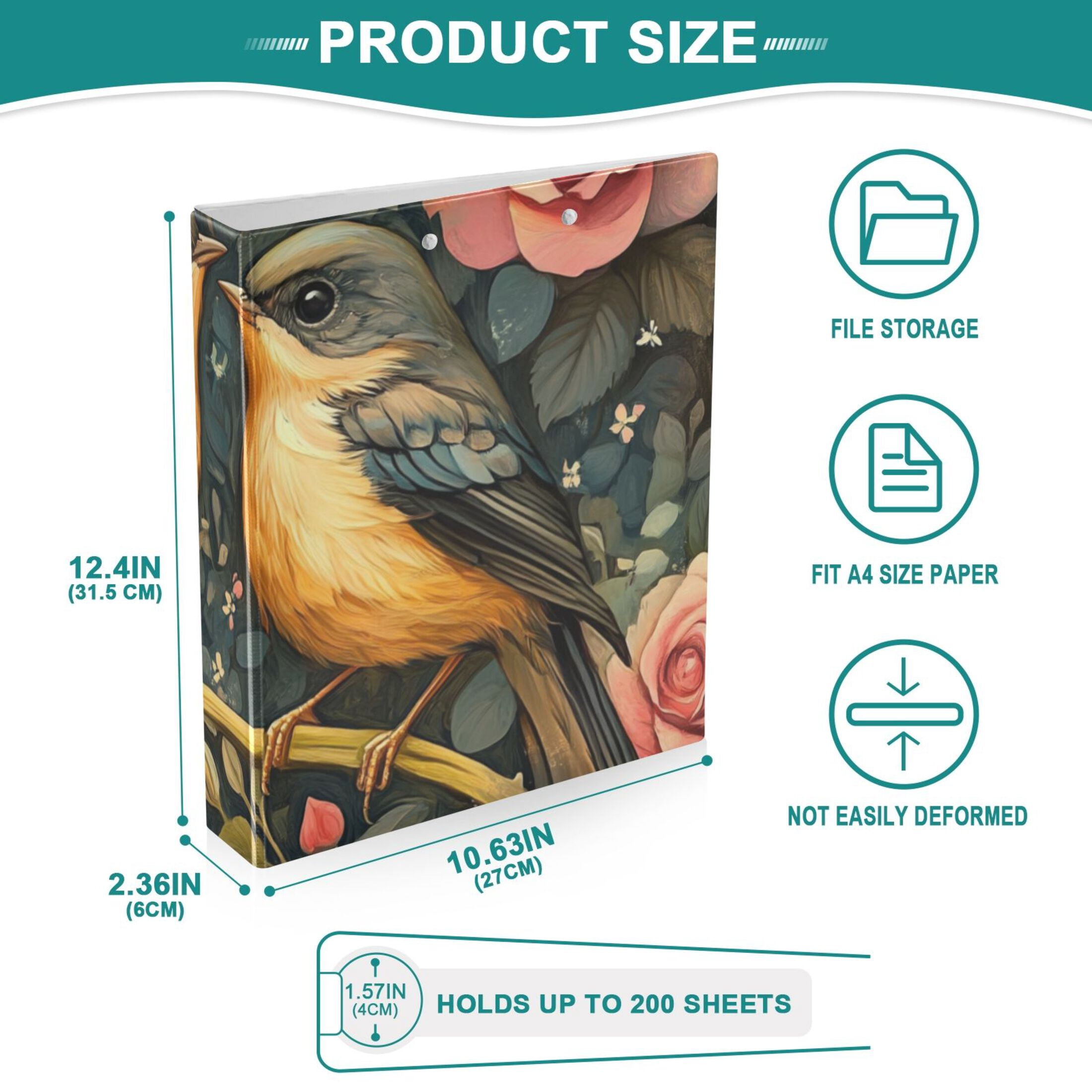Love Birds Flowers 3 Ring Binders 1.5 inch Hardcover File Folders with Interior Pockets A4 Size Organizer for School Office Hospital
