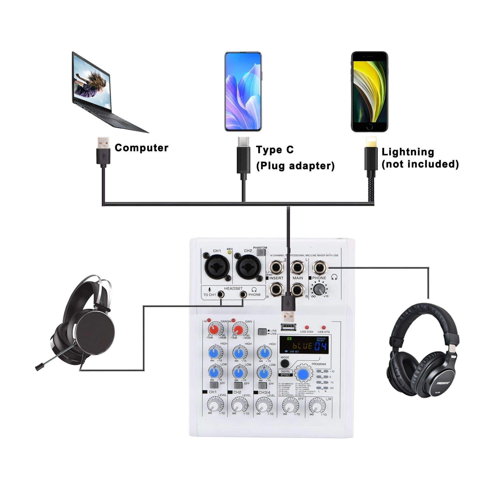 4 Channel DC 5V Mobile Computer USB Play and Record 88 DSP Effects Echo Reverb Personal Mixer