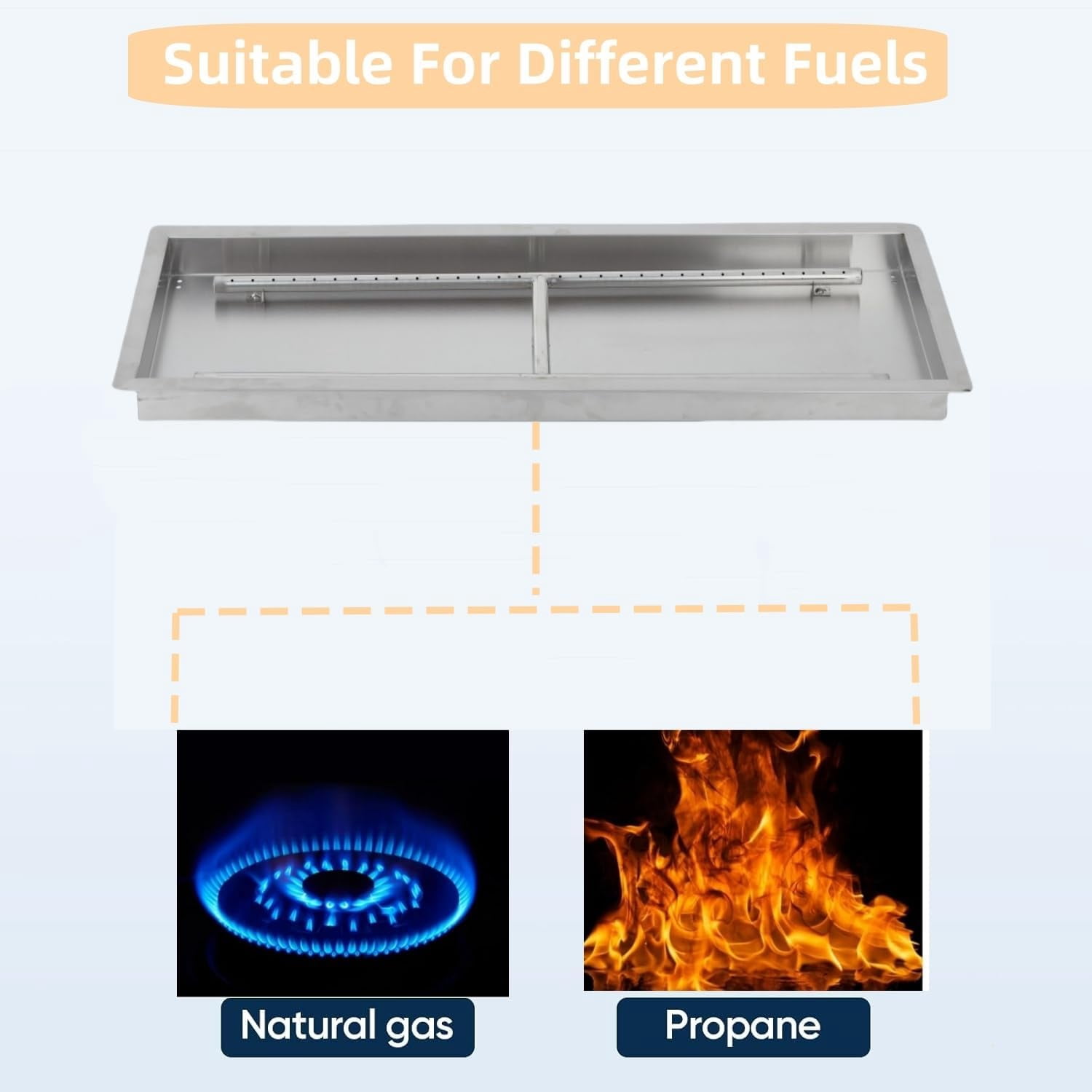 ChaoLink 30x10 Inch Stainless Steel Drop-In Square Fire Pit Burner Kit for DIY Propane & Natural Gas Fire Pits