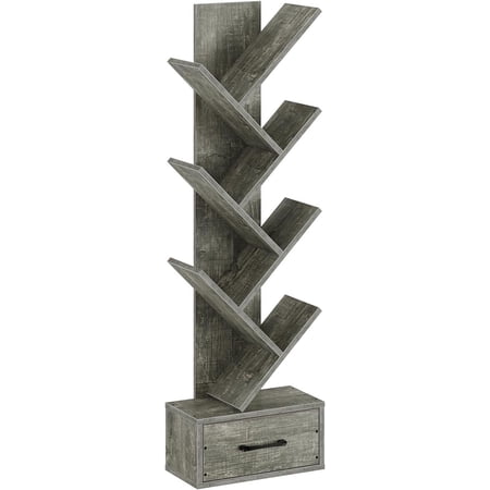 Rolanstar Bookshelf with Wooden Drawer, 7 Shelf Tree Bookshelf, Modern Book Storage, Free Standing Tree Bookcase, Utility Organizer Shelves for Home Office, Living Room, Bedroom, Light Grey