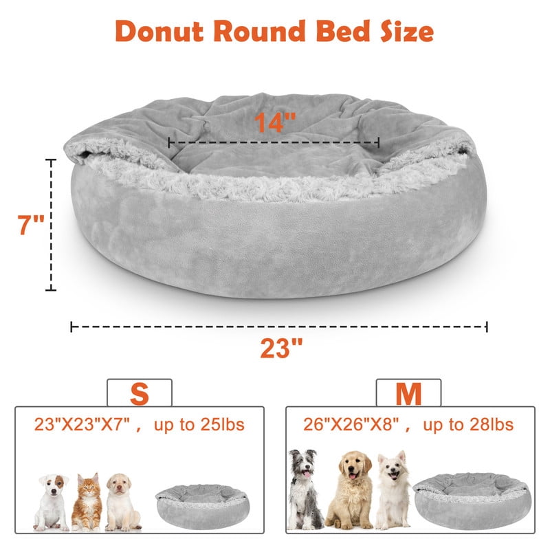 Small Dog Bed Cat Bed with Hooded Blanket, Cozy Cuddler Luxury Puppy Pet Bed, Donut Round Calming Anti-Anxiety Dog Burrow Cave Bed, Machine Washable, Anti-Slip Bottom, Gray, 23inch