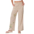 thumbnail image 4 of Kelon Women's Casual Pants, Embroidered Linen Pants for Women High Waisted Wide Leg Cropped Palazzo Pants with Pockets Cute Ruffle Boho Flowy Beach Pant, M, 4 of 8