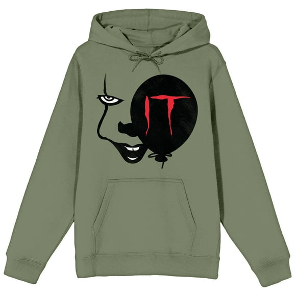 It Chapter 2 Enlarged Pennywise Face & Black Balloon Long Sleeve Olive Men's Hooded Sweatshirt-XL