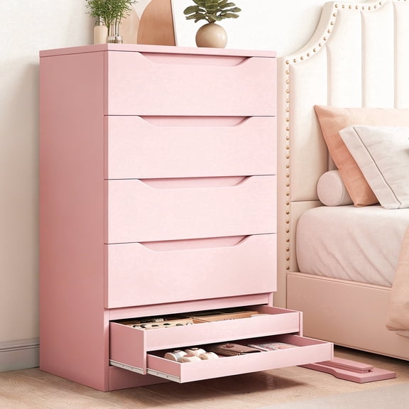 Vipuse 5 Drawer Dresser for Bedroom, Pink Modern Chest with Hidden Storage & Anti-Pinch Design, Large Vertical Dresser for Clothes, Safe Anti-Tip for Kids, Easy Assembly, for Living Room & Nursery