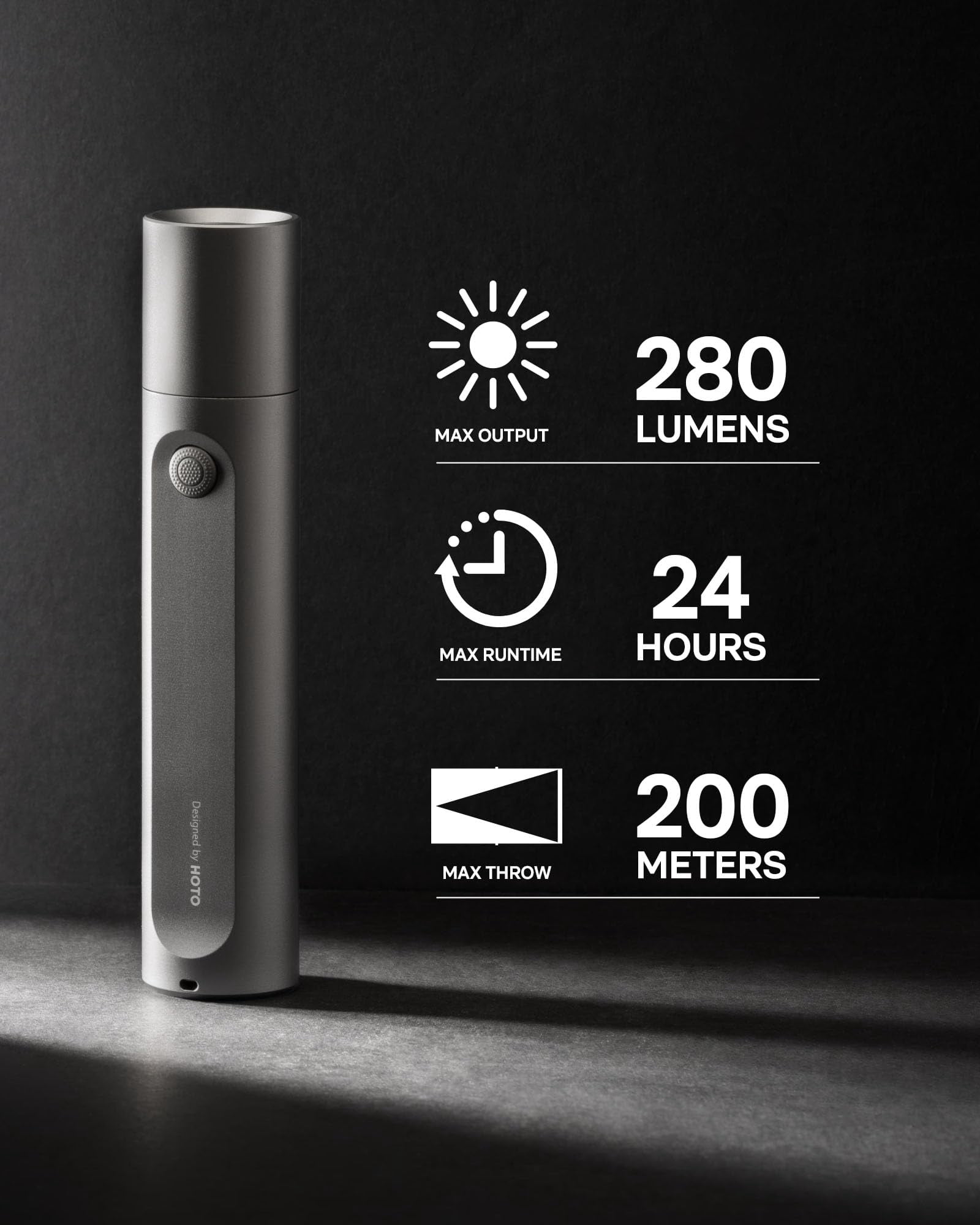 HOTO Flashlight Fit, LED Rechargeable, Usb-C Charging, 3 Modes, Up to 24 Hours, 1500mAh, 280 Lumens, 656ft, IP55 Waterproof