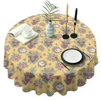Yellow Highland Cow Flower Pattern Round Tablecloth 60"x60",Wrinkle Wipeable Table Cloth for Kitchen Dining Room Picnic Patio Party