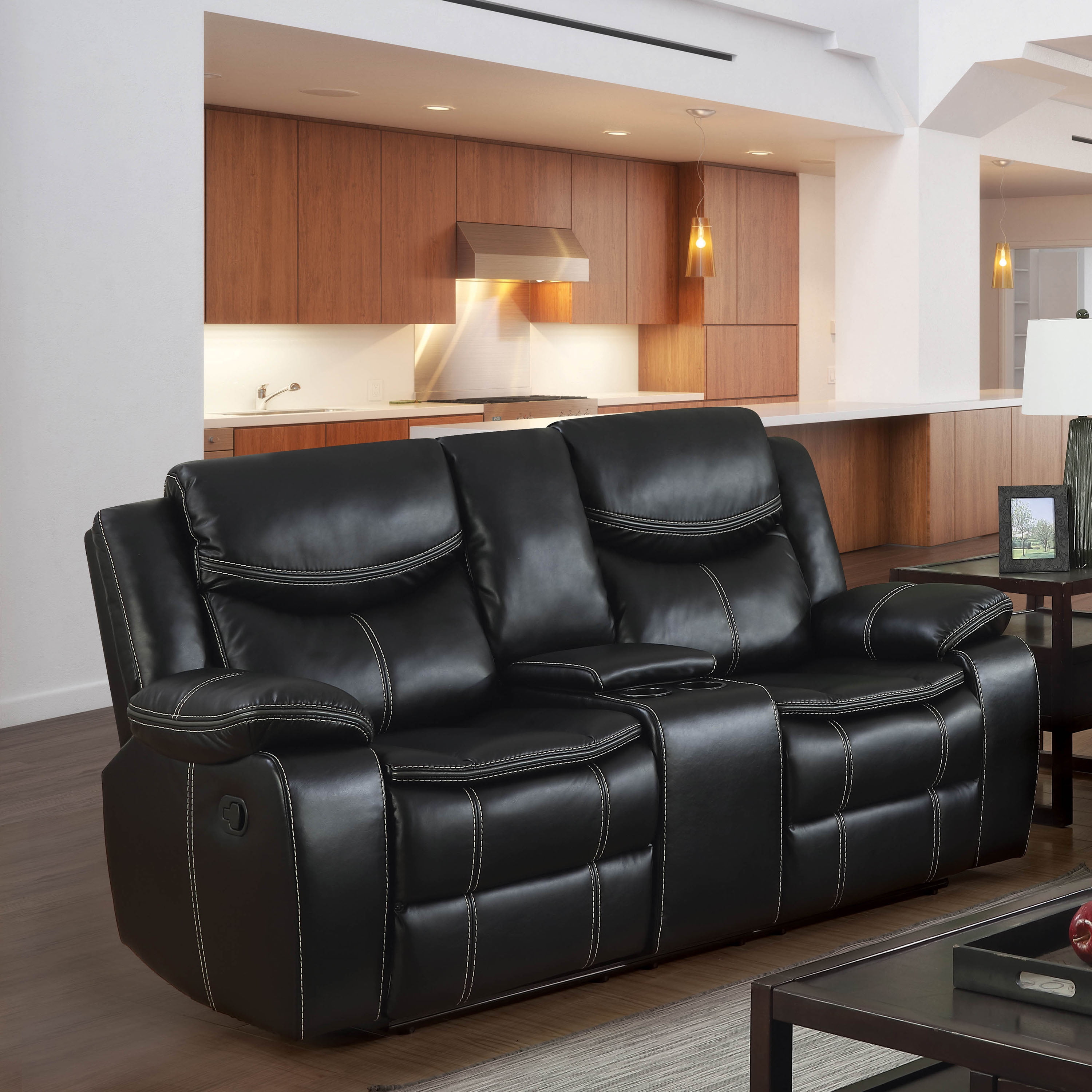 Furniture of America Faux Leather Judson Loveseat with Console , Black