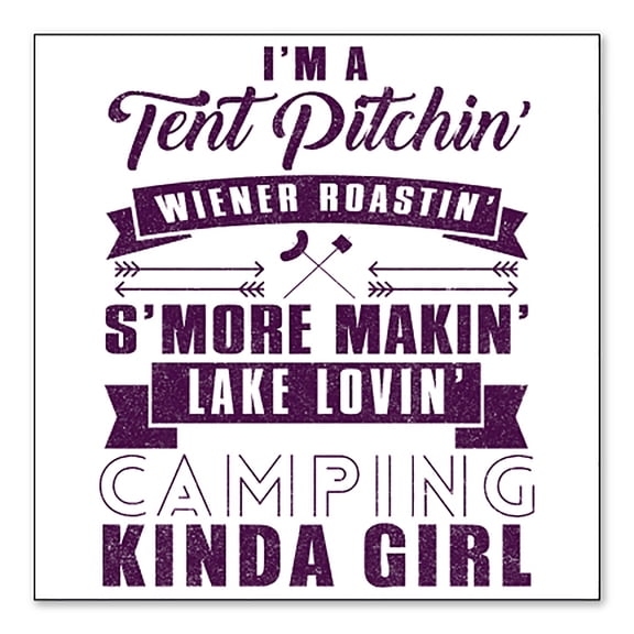 DistinctInk Custom Bumper Sticker - 3" x 3" Decorative Decal - White Background - Tent Pitchin Weiner Roastin S'More Camping Girl