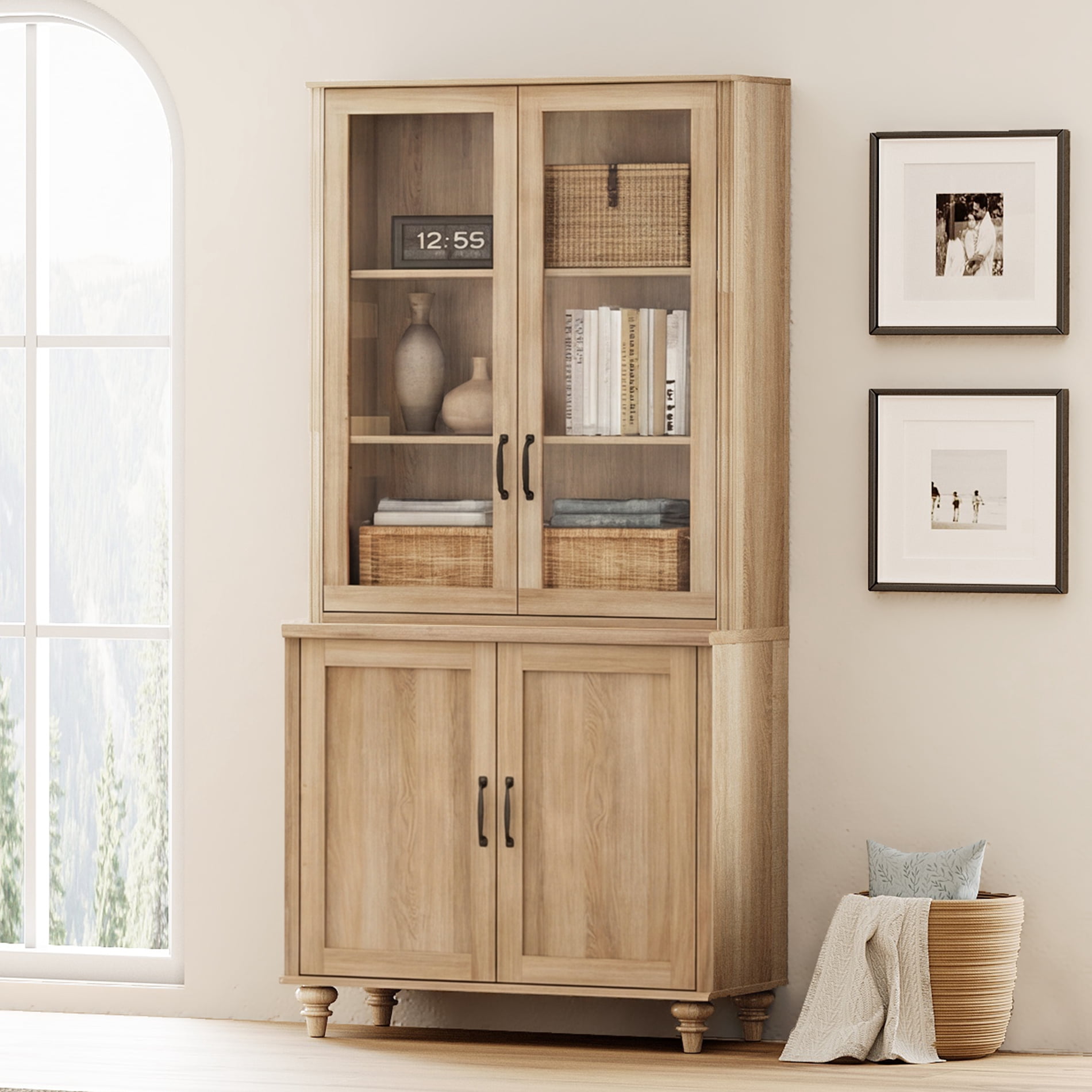 72.1"H × 33.9"W Large Farmhouse Wooden Bookcase with Glass Doors & Shelves, Storage Cabinet Bookcase for Living Room, Bedroom, Home Office & Kitchen, Oak