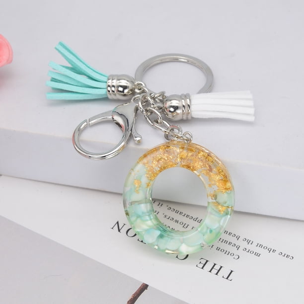 Llavero con borla verde y letra, pegamento de cristal, lámina dorada, joyería de piedra, colgante, bolso, llavero