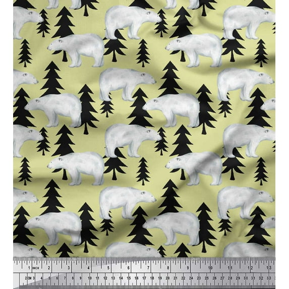 Soimoi Beige Japan Crepe Satin Fabric Bear Tree Fabric Prints By Yard 44 Inch Wide