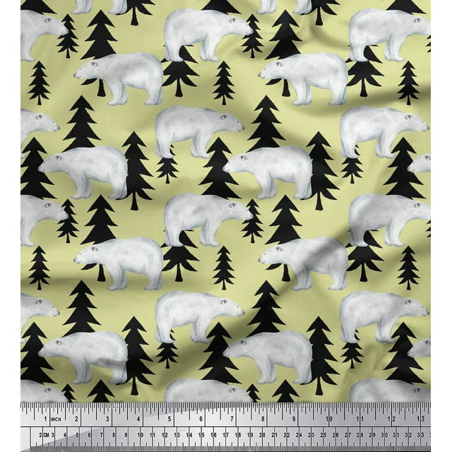 Soimoi Beige Georgette Viscose Fabric Bear Tree Printed Craft Fabric by the Yard 44 Inch Wide
